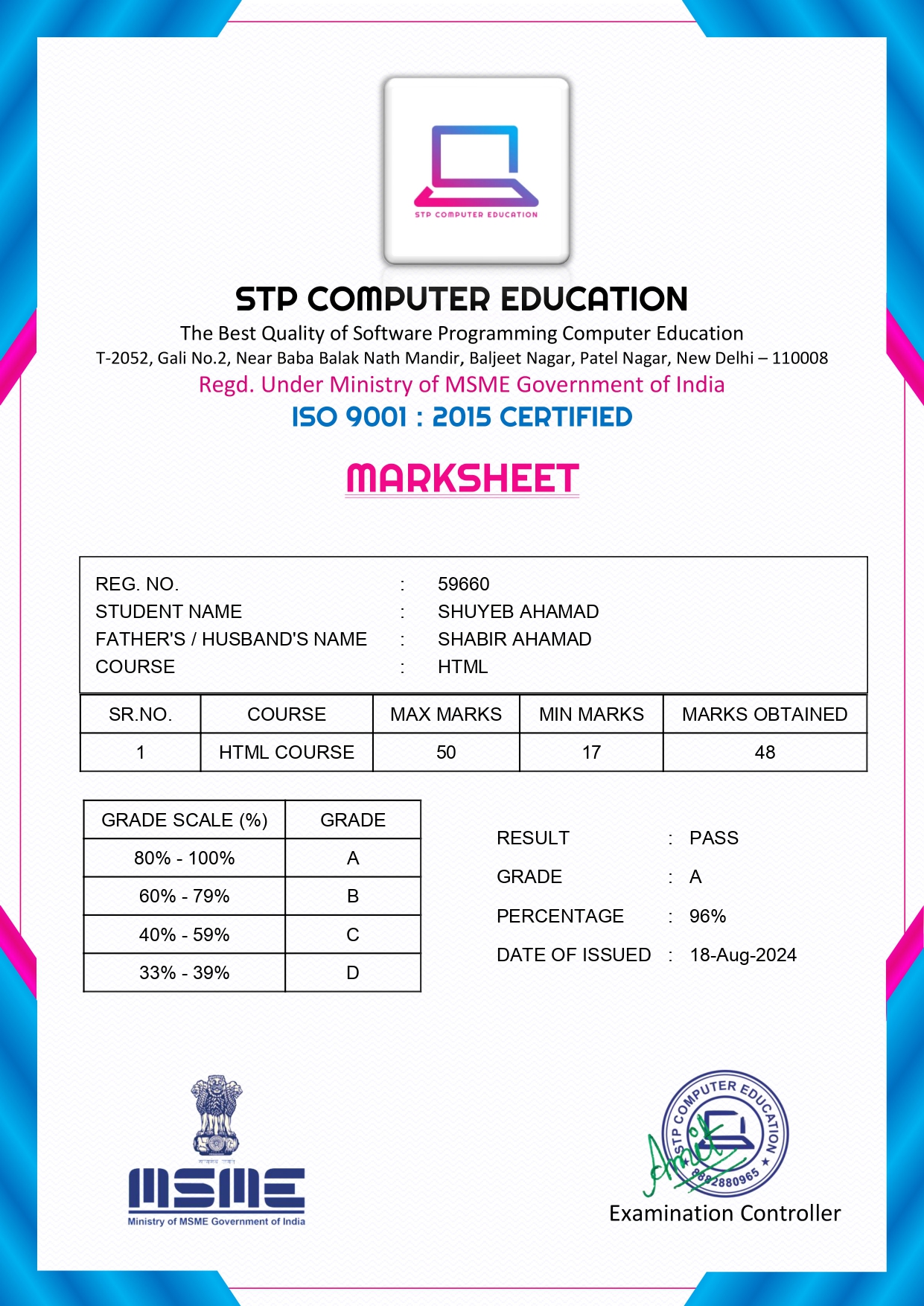HTML Marksheet